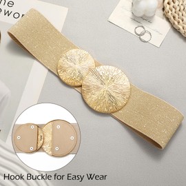 VONMELLI Wide Stretchy Gold Belts for Women Dresses Elastic Waist Cinch Womens Belt with Gold Buckle, L