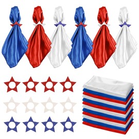 12PCS Patriotic Cloth Napkin + 12PCS Wooden Star Napkin Rings Holder Set 4th of July Red White Blue for Independence Day Memorial Day Party Dining Table Decor