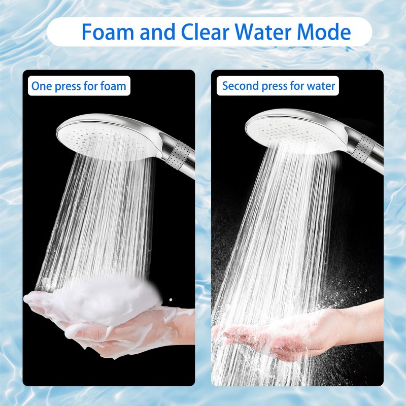 RINBOU Foam Shower Head with Dual-Mode Foam/Clear Water Spray, High