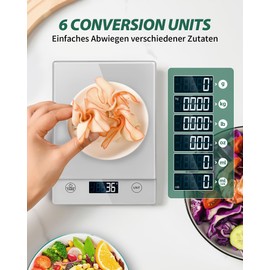 Kitchen Scales Digital 10 kg Kitchen Scales Glass Digital Scales Waterproof Electronic Household Scales for Baking, Tare Function, Touch Button, 1 g Accurate - Silver