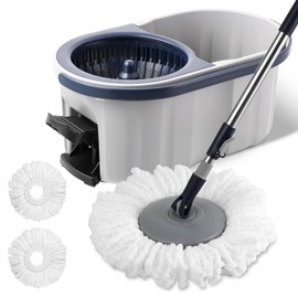 Spin Mop and Bucket System with180-Degree Rotating Head Telescopic Handle Dual Chamber Bucket Floor Cleaning Set with 3 Mop Refills Dual-Function Wringing Hand-Press and Foot-Pedal