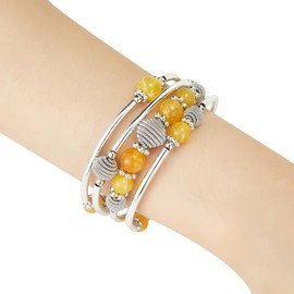 PEARL&CLUB Beaded Chakra Bangle Turquoise Bracelet - Fashion Jewelry Wrap Bracelet with Thick Silver Metal and Mala Beads, Birthday Gifts For Women, 2.4 inches, Metal, Agate