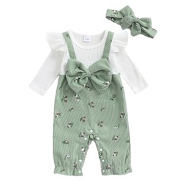ZZLBUF Newborn Infant Baby Girl Clothes Fall Winter Long Sleeve Romper Corduroy Floral Bow One Piece Jumpsuit Cute Outfits (Green, 0-3 Months)