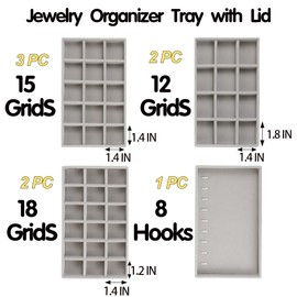 Set of 8 Stackable Jewelry Organizer Trays with 1 Lid for Drawer & Dresser Organizer, Adjustable Velvet Jewelry Box Tray Earring Organizer Necklace Storage Ring Bracelet Display Case (Gray)
