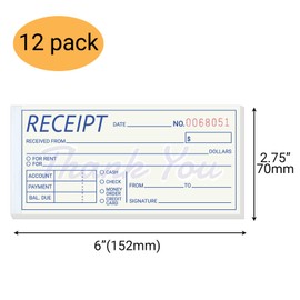 suituts 12 Pack Money and Rent Receipt Books, 2-Part Carbonless, 2.75x6 Inch Pocket Size, Duplicate Receipt Invoice Book for Small Business (Total 600 Sets)