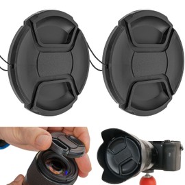 Camera Lens Replacement Cap, Pack of 2, with Diameter 77 mm in Black, Lens Cap with Strap Loop, Suitable for Most Lenses, Replacement Cap, Photo Camera, Camera Cap, Protective Cap Set
