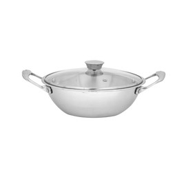 Nobel Triply Stainless Steel Deep Wok with Glass Lid, 28 cm, Stay-Cool Handles, Gas and Induction Compatible (30 cm Glass Lids)