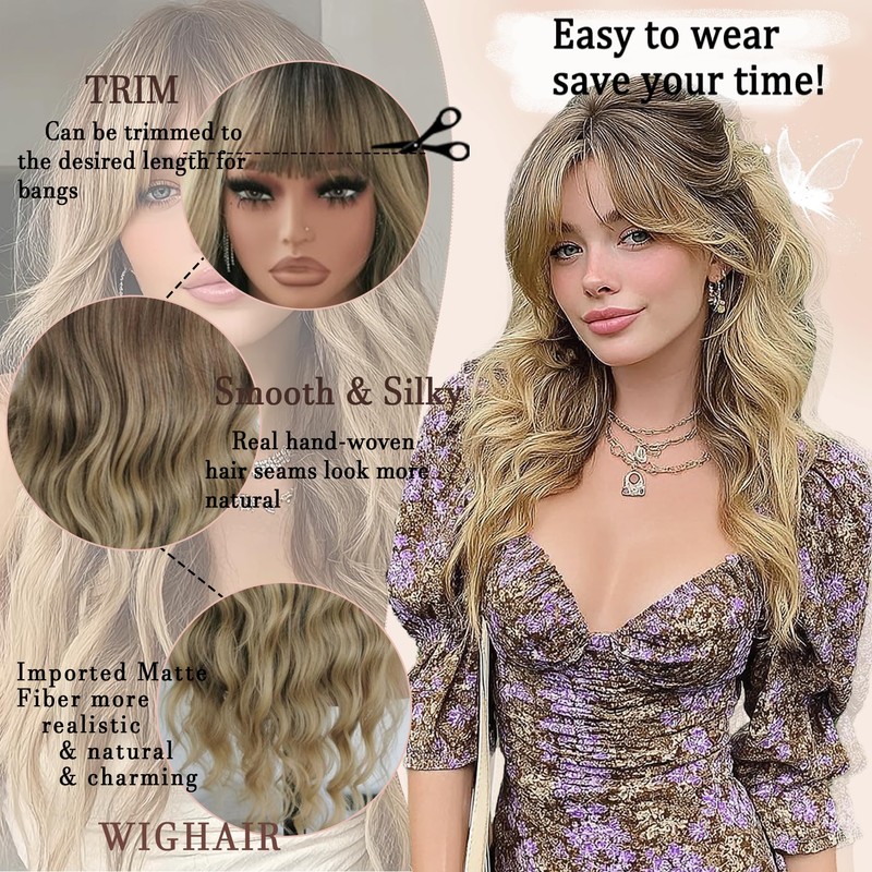 Ombre Blonde Wig with Bangs Long Wavy Wig Curly Wigs