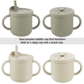 PandaEar 2 Pack Silicone Baby Straw & Snack Cup with 2 Spoons 2 Forks, Dual-Purpose Toddler Training Cups, Light Tan/Walnut