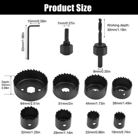 Hole Saw Set, 19 mm - 64 mm Hole Saw Hole Drill Set, Hole Drill Wood Hole Saw Set, Drilling Set for Precise Drilling of Holes in Wood, PVC Panels, Plastic Plate Drilling