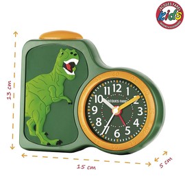JACQUES FAREL ACB 06DINO Children's Alarm Clock Boys 3D Dinosaur Green Yellow Analogue Quartz No Ticking with Light and Snooze