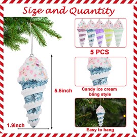 5pcs Ice Cream Christmas Ornaments Set, Macaron Pastel Color Ice Cream Hanging Pendant Gifts for Xmas New Year Birthday Home Party Indoor Outdoor