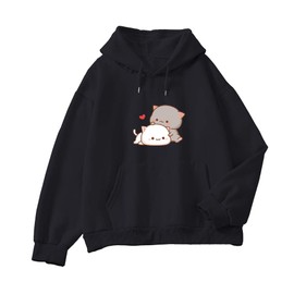 KEEVICI Women Kawaii Cartoon Cute Cat Graphic Casual Cotton Pullover Hoodies Sweatshirt Black