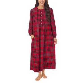 Lanz of Salzburg Sleepwear for Women Classic Long Sleeve Henley Style Soft Flannel Pajama Nightgown - Red Tartan Plaid, Small