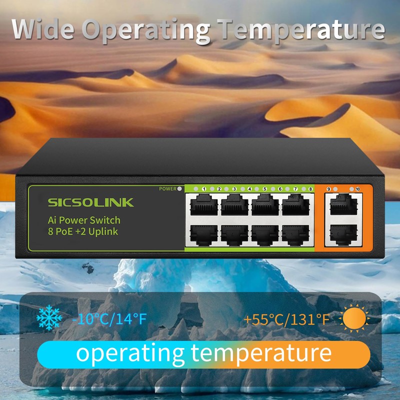 SICSOLINK 8 Ports PoE+ Ethernet Switch 2 Uplink 802.3af/at 120W