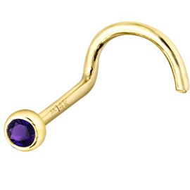Jewelry Avalanche Solid 14K Gold Nose Screw Stud Bezel Set Amethyst 22G Cork-screw Nose Stud - 14K White Gold / 14K Yellow Gold February Birthstone Nose Ring Stud, metal, amethyst