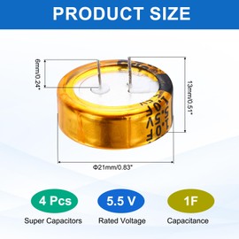 sourcing map Super Capacitor, 5.5V 1F C-Type Button Capacitor, High Energy Low Resistance High Consistency for Electronics Toys AC Motor Smart Display Screen (Golden, Pack of 4)