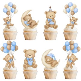 36 Pcs Blue Bear Cupcake Toppers - Baby Shower & Gender Reveal Party Decorations, "We Can Bearly Wait" Theme Cake Decor Supplies