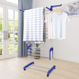 Bigzzia Clothes Drying Rack, Folding Stainless Steel Drying Rack Clothing Indoor Outdoor, Space-Saving, 3 Tier Laundry Drying Rack with Two Side Wings Grey Blue