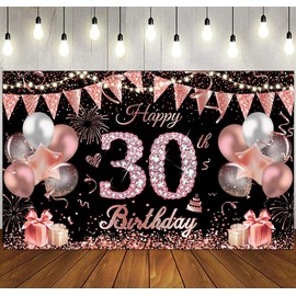 Happy 30th Birthday Banner for Women Black Rose Gold Large Birthday Photo Backdrop Photography Background 30th birthday Party Supplies, 30th birthday Banner Party Decoration for Garden Wall Table