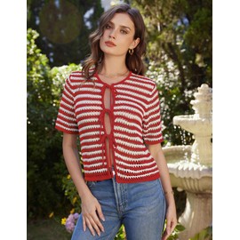 GRACE KARIN Elegant Women's Summer Short Cardigan Bolero Cardigan with Bow Short Sleeve Striped Top, Red and white stripes