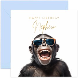 Old English Co. Funny Birthday Card for Nephew - Hilarious Male Birthday Card for Him - Monkey Chimp Sunglasses Birthday Card for Him from Uncle Auntie - Special Card | Blank Inside Envelope