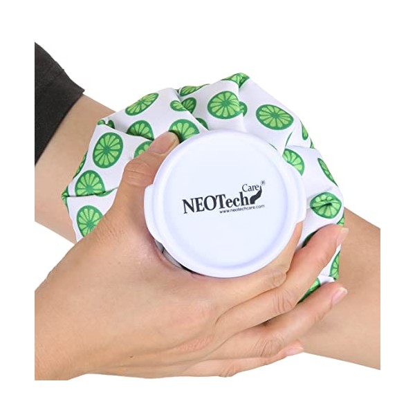 Neotech Care Ice Bag for Injuries, Swelling, Headache, Pain Relief, First Aid - Cold Pack Screw Top Lid - Reusable, Refillable, Flexible & Waterproof Pouch/Bladder Style (12cm, Lime Design)