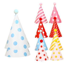 KOMBIUDA 10pcs Birthday Party Hats with Pom Poms Lightweight Breathable Paper Cone Caps for Adults and Reusable Festive Headwear for Celebrations and DIY Theme Parties