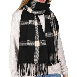 Winter Scarf for Women Shawl Cashmere Feel Tassel Plaid Large Oversized Scarves Wraps - Color: black