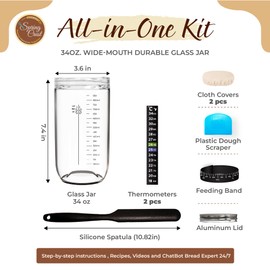 Sourdough Starter Jar-34 oz Wide Mouth Large Glass Container with 9 Essential Tools-Extra Thermometer Strips, Breathable Covers and Scrapers Included in Sourdough Starter Kit-Sourdough Jar