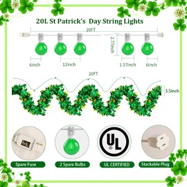 Jasneniebo 20FT St Patrick's Day Garland Lights, Plug in Outdoor Green Global String Lights and Tinsel Shamrock Garland Set, Parallel Connectable for Home Garden Irish Saint Patrick Party Decorations