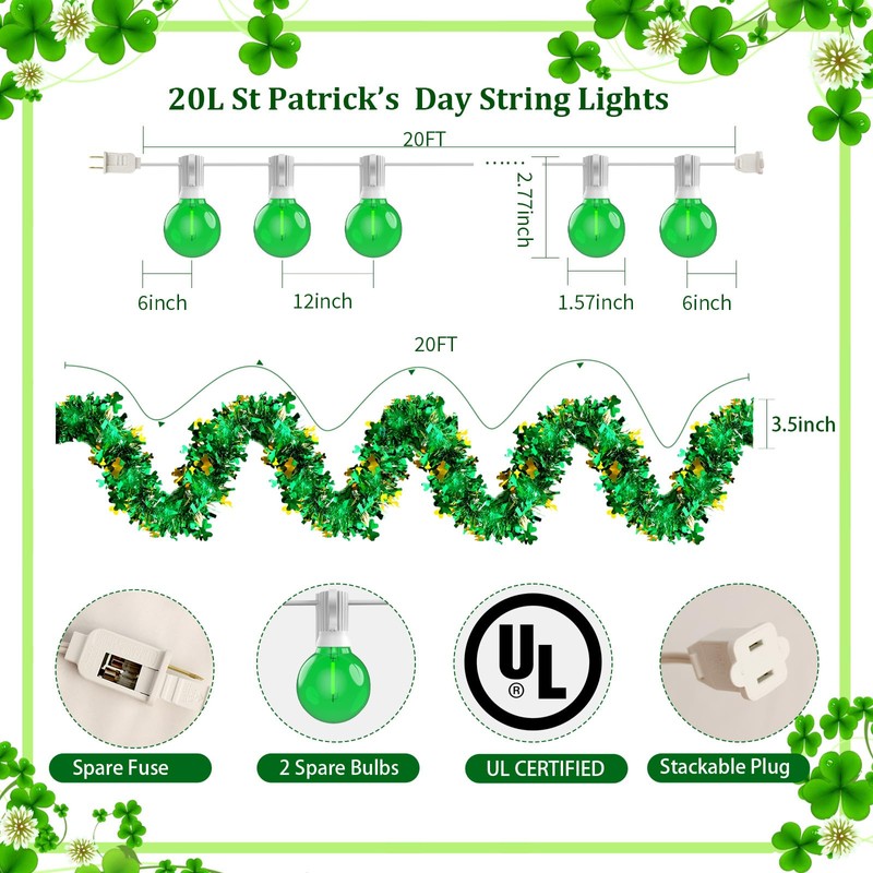 Jasneniebo 20FT St Patrick's Day Garland Lights, Plug in Outdoor