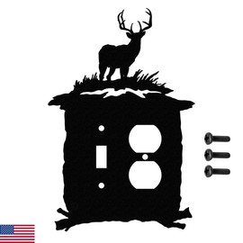 Buck Deer in Woods Single Toggle Light Switch & Single Duplex Power Outlet Wall Plate (Single Toggle with Power, Black)