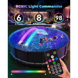 Solar Pool Fountain with 8-Color 6-Mode RGBIC LED Lights, Above/Inground Solar Lights with Remote, 360°Adjustable Dual Spray Waterfall Sprinkler Fountain for Relaxation & Cooling 10-20°F
