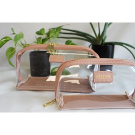 Seleny Vegan Leather Half Moon Toiletry Bag Set (2 PCS) (Beige)