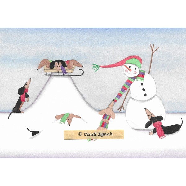 12 Christmas Cards: Dachshunds (Doxies) Frolic in Winter with Snowman/Lynch Folk Art