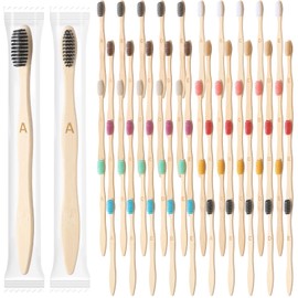 Sieral 120 Pcs Bamboo Toothbrushes Bulk Soft Bristle Individually Wrapped Travel Toothbrush Natural Wooden Tooth Brush for Homeless Kid Adult Home Travel Use, 7.5 Inch, 12 Colors (Letter)