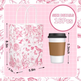 Whaline 16Pcs Floral Bird Paper Gift Bag Pink White Flower Party Favor Bag With Handle Decorative Goodie Candy Treat Bag For Party Supplies, 5.9 x 8.3 x 3.1 Inch