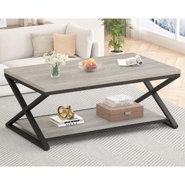 HSH Coffee Table with Storage, Farmhouse Grey Living Room Table Center Table, Industrial Wood and Metal Rectangle Coffee Tables, Simple Rustic 2 Tie Cocktail Tea Table for Home Office Bedroom, 47 Inch