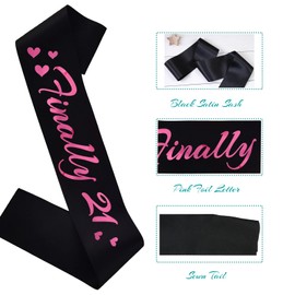 HUBEISIYU Finally 21 Birthday Sash, 21st Birthday Gifts idea for Girl, Funny 21st Birthday Party Suppiles, Black+ Pink(Finally 21)