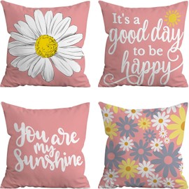 BAOKU pink White Daisy Landscape Pattern Cushions Cover Cushions Pillow Covers Set of 4 Home Decorative for Sofa Linen Square Outside Office 18x18 Inch 45x45cm
