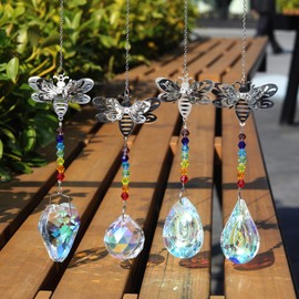 4pcs Sliver Bee Crystal Suncatcher AB Color Hanging Sun Catcher with Chain Pendant Ornament Crystal Heart for Window Home Garden Christmas Day Party Wedding Decoration