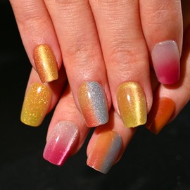 Sethexy Coffin Press on Nail Short - Gradient, Colorful Cat Eye Design Acrylic False Nail for Women 15 Sizes - 30 Pcs Soft Gel Nail Kit with Glue