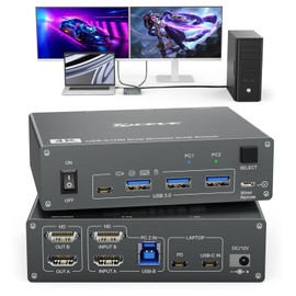 Dual Monitor KVM Switch 4K@60Hz, USB C HDMI Dual Monitor KVM Switch for Laptop & Desktop Sharing 2 Monitor and 4 USB3.0 Devices, 80W PD for Laptop, with Wired Remote and USB Cables