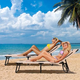 Giantex Folding Beach Tanning Chair - Adjustable Patio Lounge Chair w/Face Hole, Removable Pillows, Carry Strap, Layout Chair, Sunbathing Chaise Lounge Outdoor for Poolside Yard Lawn (2, Beige)