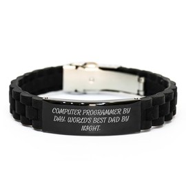 Funny Computer Programmer Gifts for Him - Computer Programmer By Day World's Best Dad By Night Inspirational Quote Glide lock Clasp Black Stainless Steel Silicone Adjustable Birthday Unique Gifts