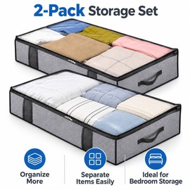 2 Pack Under Bed Storage Bag Organizers for Bedroom & Closet – Space-Saving Non-Woven Fabric with Dual Zippers for Home Organization