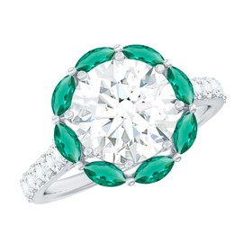 Certified Moissanite 9 mm Round Engagement Ring, D-Vs1 Quality, Moissanite Emerald Designer Ring in Silver - Ready To Gift, 925 Sterling Silver, Size:US 8.00