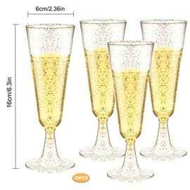 YWKJDDM Plastic Champagne Glasses, Pack of 25 Gold Glitter Champagne Glasses, Champagne Flutes, Reusable Champagne Glasses for Garden, Wedding, Anniversary, Showers, Parties