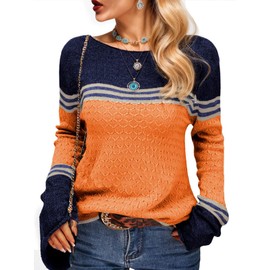 WIFFGO Womens Sweaters Fall Colorblock Pullover Long Sleeve Round Neck Cute Fitted Striped Knitted Tops for Women Trendy Orange